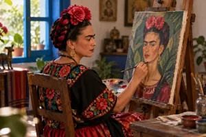 Pintora imaginada inspirada en Frida Kahlo trabajando ante un autorretrato.