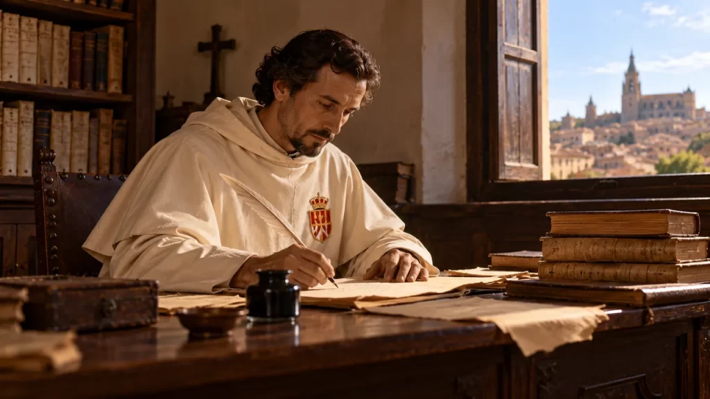 Fraile con hábito blanco escribiendo en un estudio.