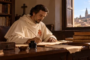 Fraile con hábito blanco escribiendo en un estudio.