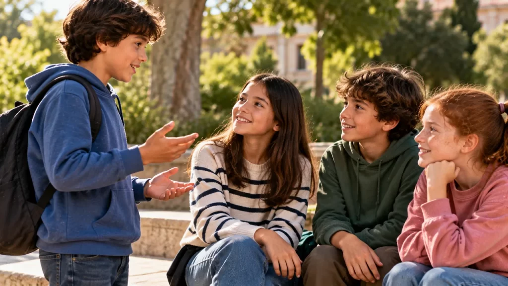 Un niño conversa con tres compañeros al aire libre.