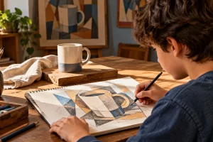 Niño dibujando una taza mediante formas geométricas y varios puntos de vista.
