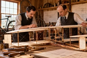 Dos inventores imaginados comparan un modelo de avión en un taller con bicicletas.