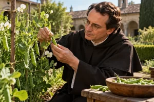 Recreación de un investigador con hábito religioso que observa vainas de guisantes en un jardín.