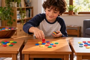 Un niño distribuye fichas de colores entre varias mesas.