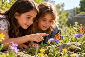Dos niños observan mariposas sobre unas flores.