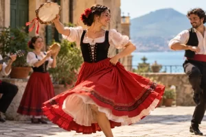 Bailarines y músicos en una escena imaginada de danza italiana.