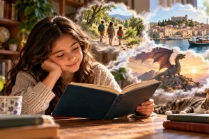 Una niña lee e imagina paisajes, viajes y un dragón.