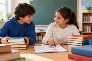 Dos estudiantes organizan turnos junto a unos libros en el aula.