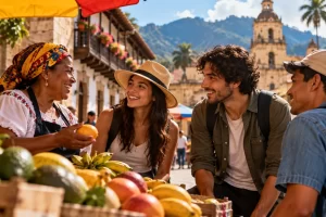 Varias personas conversan junto a un puesto de frutas.