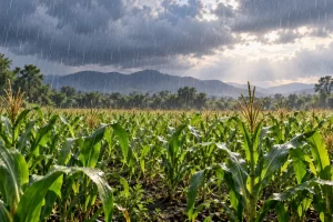 Lluvia sobre una milpa de maíz en un paisaje imaginado.