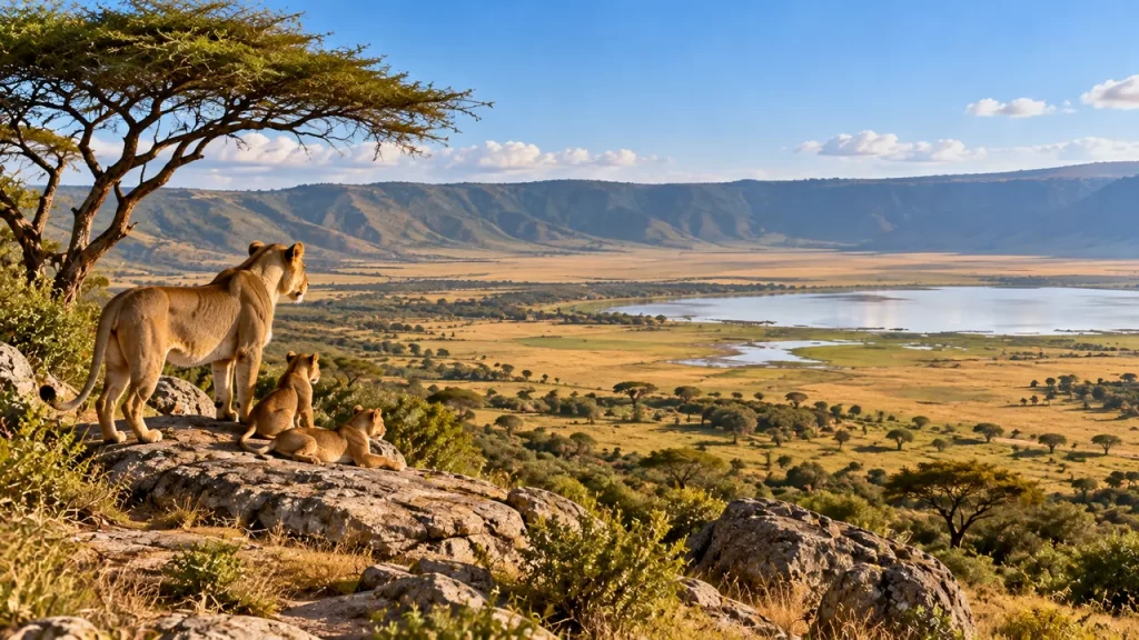Paisaje inspirado en una sabana africana con leones.