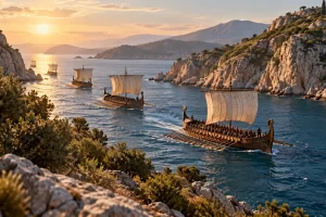 Naves antiguas de vela y remos atraviesan un estrecho marino imaginado.