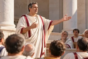 Orador romano imaginado hablando ante una asamblea de adultos.