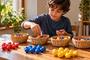 Niño clasificando bolas de colores en cestas.