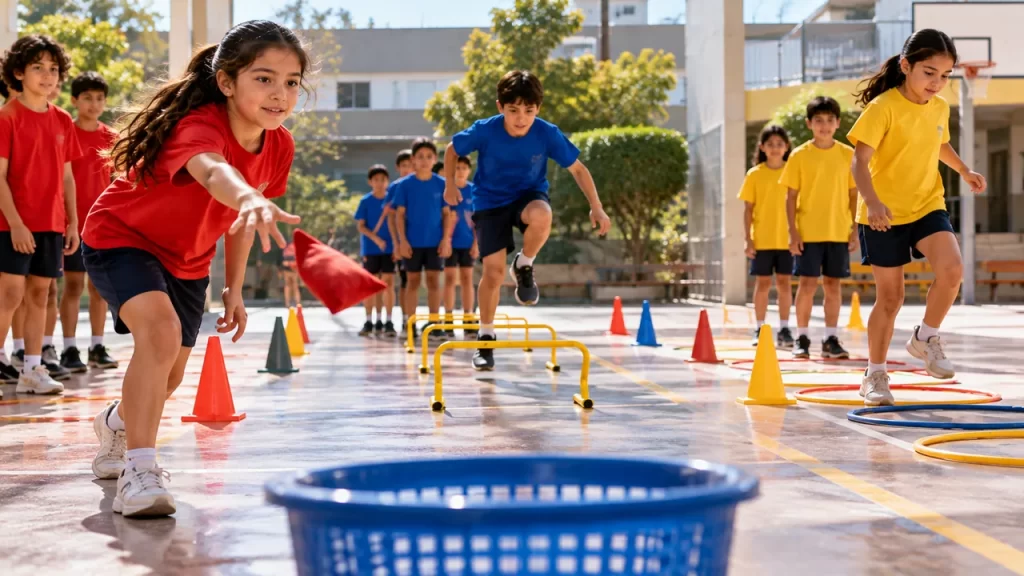 Alumnos participando en distintas pruebas de una jornada deportiva escolar.
