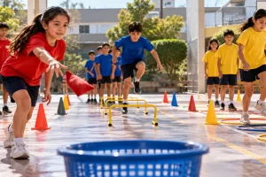 Alumnos participando en distintas pruebas de una jornada deportiva escolar.