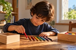 Un niño organiza lápices y fichas sobre una mesa con dos cajas.