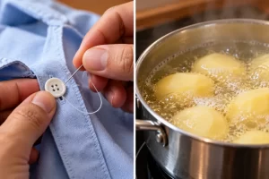 Manos adultas cosiendo un botón y patatas cociéndose en una olla, en escenas separadas.
