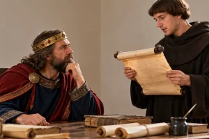 Gobernante medieval imaginado escuchando a un lector.