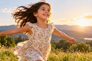 Niña jugando al aire libre entre flores.