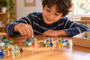 Un niño organiza canicas en filas sobre una mesa.