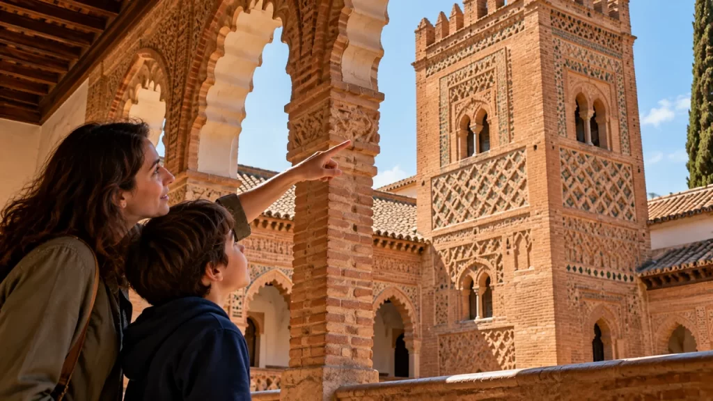 Una adulta y un niño observan arcos y una torre de ladrillo con decoración geométrica.