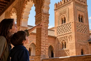 Una adulta y un niño observan arcos y una torre de ladrillo con decoración geométrica.