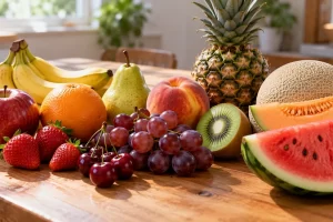 Doce tipos de fruta están dispuestos sobre una mesa.
