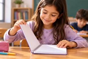 Una niña abre un cuaderno en su mesa del aula.
