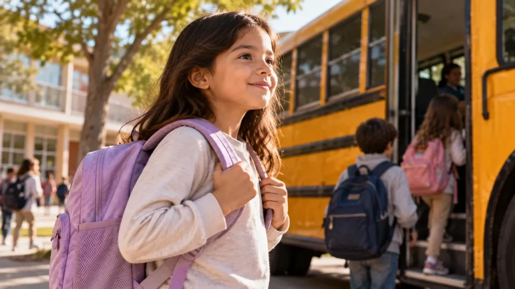 Clasificación de los adjetivos: significado y terminaciones 1 Una niña con mochila camina hacia un autobús escolar junto a otros estudiantes.