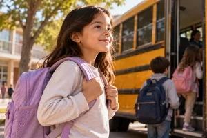 Una niña con mochila camina hacia un autobús escolar junto a otros estudiantes.