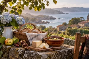 Una mesa con alimentos y flores ante un paisaje costero de inspiración gallega.