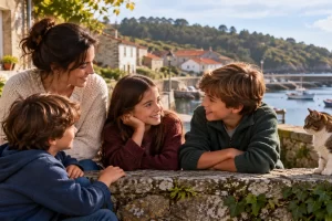 Una adulta y tres niños conversan junto a un puerto de inspiración gallega.