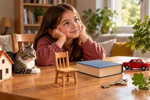 Una niña observa una casa de juguete, una silla, un gato, un libro, un coche, una llave y una planta.