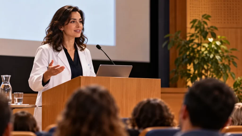 Abreviatura de doctora: Dra., Dr.ª y su uso correcto 1 Una doctora imaginada participa en una charla ante un auditorio.