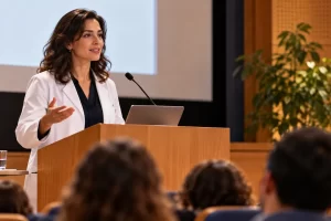 Una doctora imaginada participa en una charla ante un auditorio.