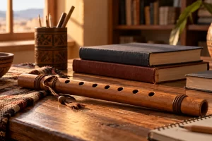 Flauta de madera junto a libros cerrados y un cuaderno.