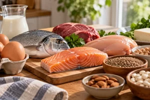 Alimentos como huevos, pescado, legumbres, leche, carne y frutos secos.