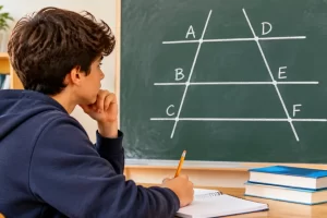 Alumno observando tres rectas paralelas cortadas por dos transversales.