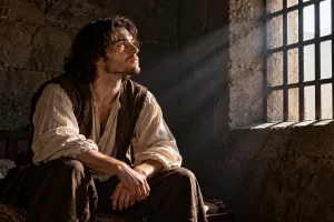 Joven contemplando la luz desde una habitación con barrotes.
