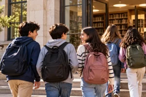 Un grupo de estudiantes llega a una biblioteca.