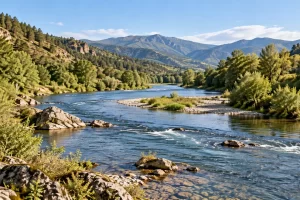 Un río discurre entre montañas y árboles.