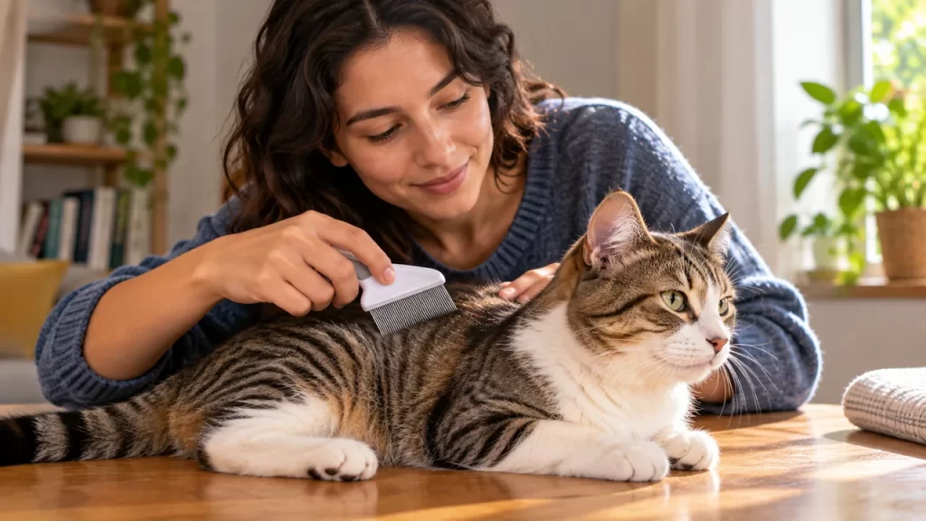 Una persona adulta cuida el pelo de un gato con un peine de púas finas.