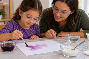 Una niña y una adulta con gafas de protección observan una prueba con zumo morado y papel.