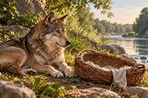 Loba imaginada junto a una cesta en la orilla de un río.