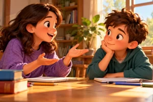Una niña habla y otro niño la escucha junto a unos cuadernos.