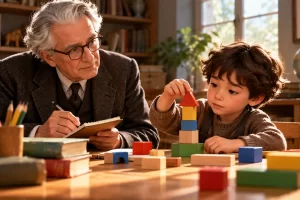 Un adulto observa cómo un niño organiza bloques de colores.