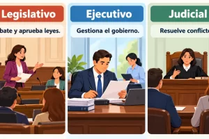 Tres columnas presentan Legislativo, Ejecutivo y Judicial con una función básica de cada uno.