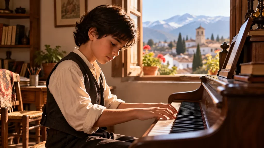 Recreación de un joven que toca el piano en una habitación.