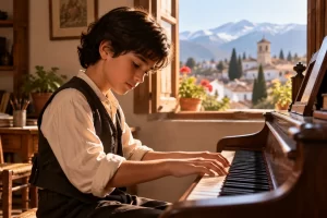 Recreación de un joven que toca el piano en una habitación.